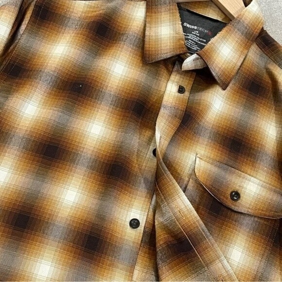 Swiss Tech Brown Plaid Long Sleeve Polyester Stretch Casual Shacket Thick Shirt - Picture 5 of 8